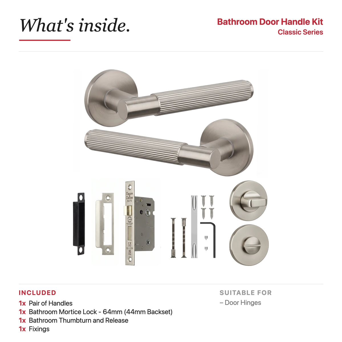 Hera Satin Nickel Bathroom Door Handles – showing what's included in the box