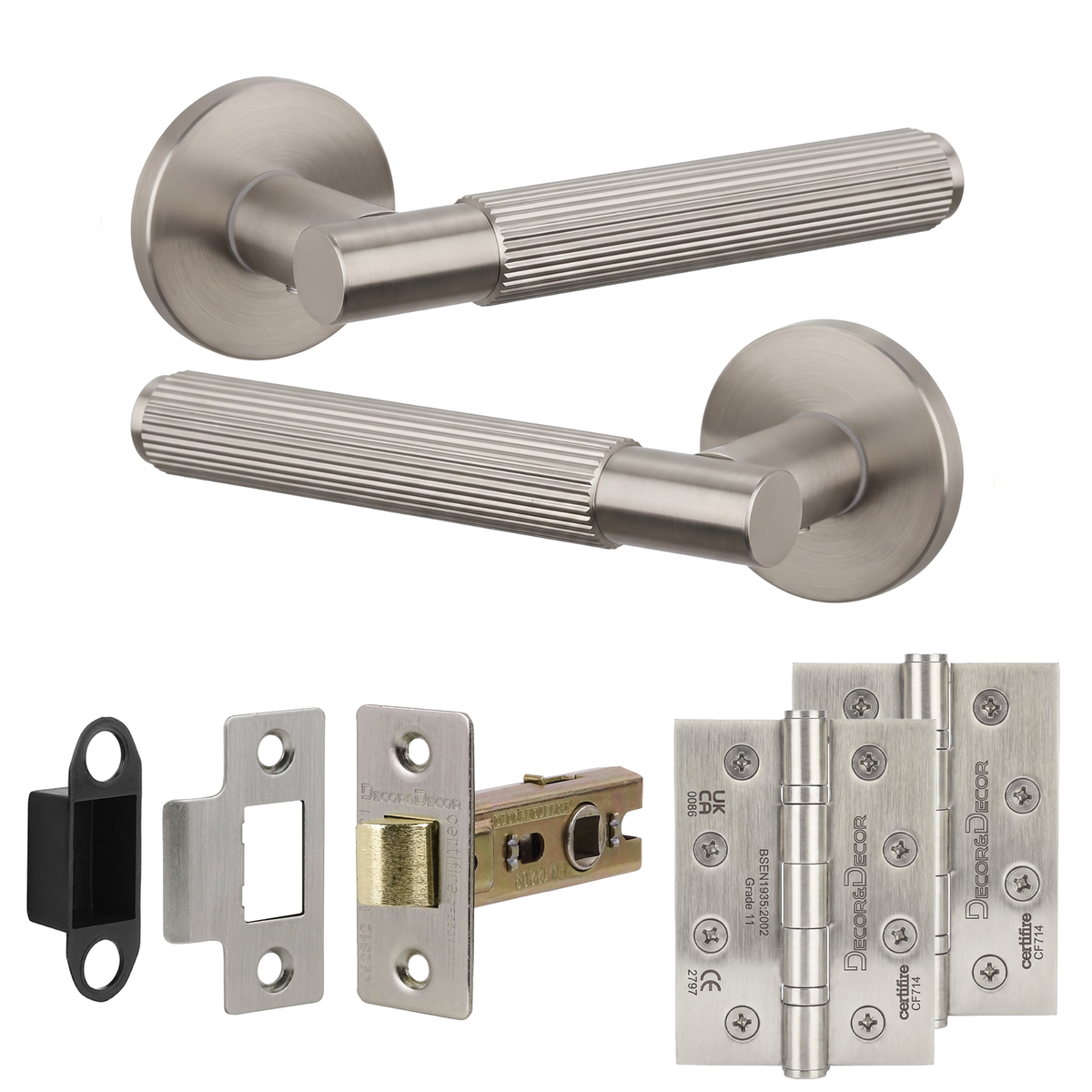 Hera Satin Nickel Passage Door Lever Handles - Hinge Kit 102mm