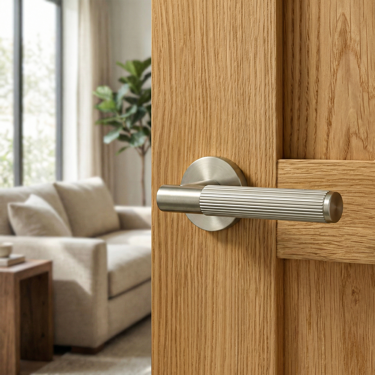 Hera Satin Nickel Passage Door Lever Handles – fitted on an interior door in a styled room setting