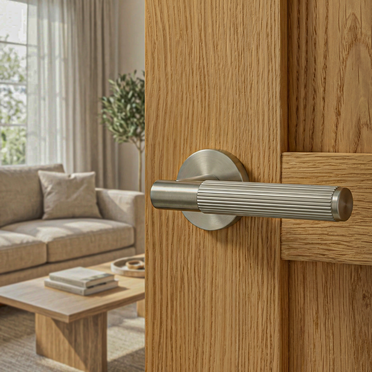 Hera Satin Nickel Passage Door Lever Handles – fitted on an interior door in a styled room setting 2