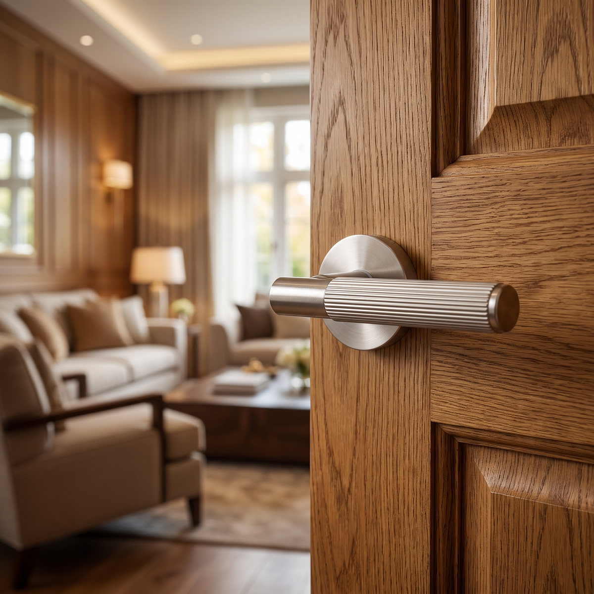 Hera Satin Nickel Passage Door Lever Handles – fitted on an interior door in a styled room setting 2