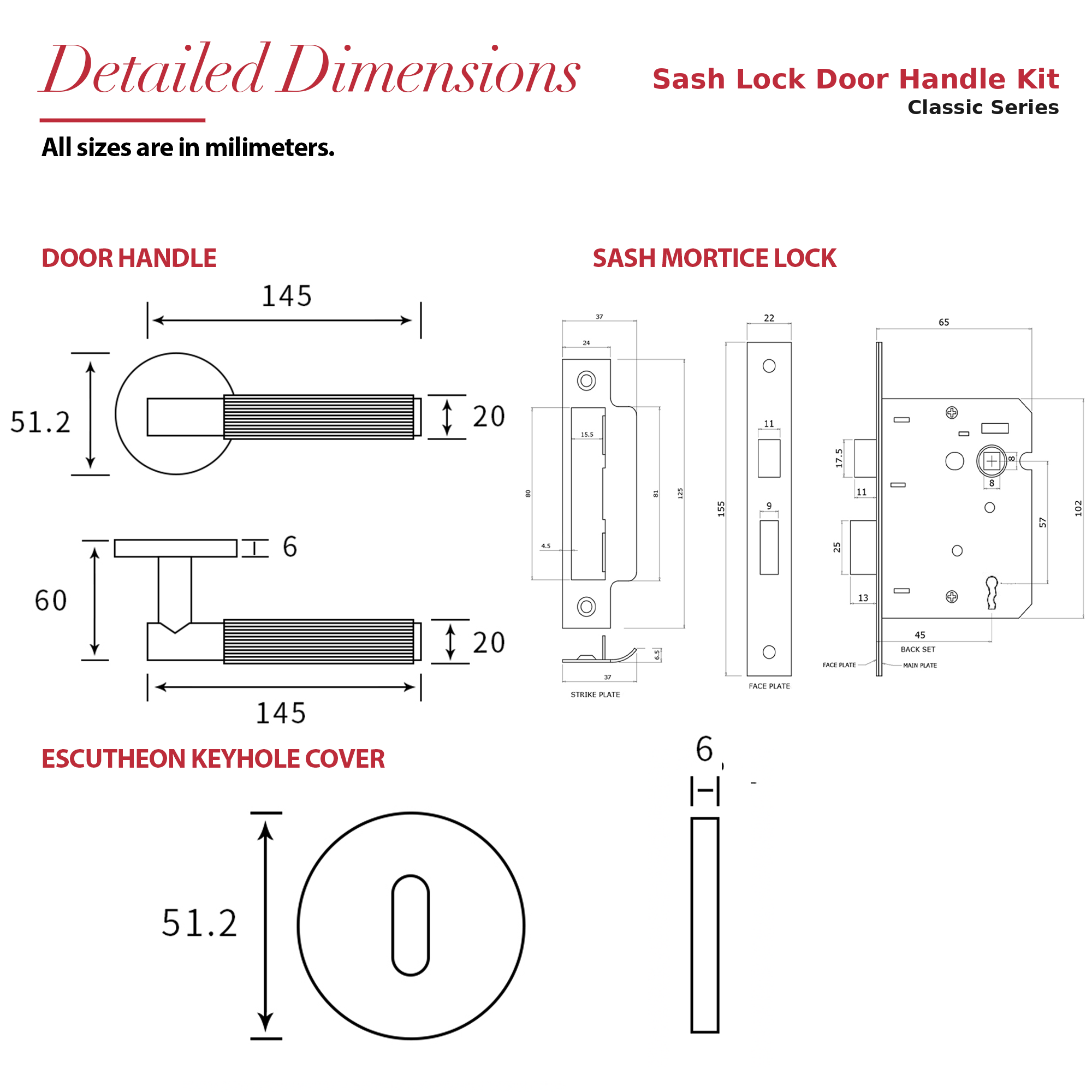 Hera Satin Nickel Privacy Door Handles – dimensions and measurements diagram