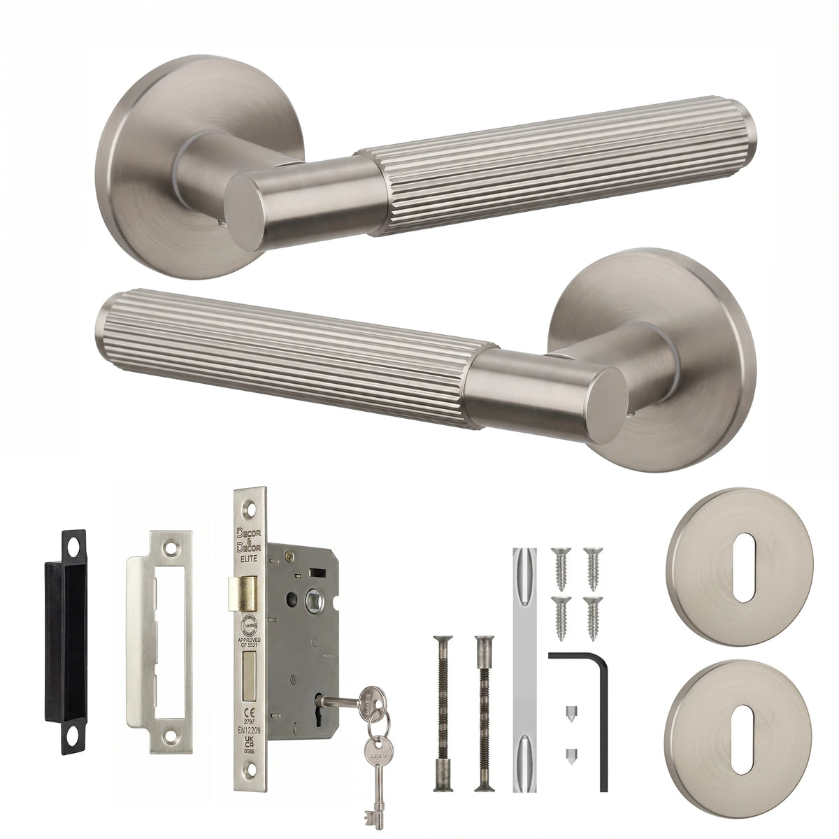 Hera Satin Nickel Privacy Door Handles - Sash Lock Kit Set
