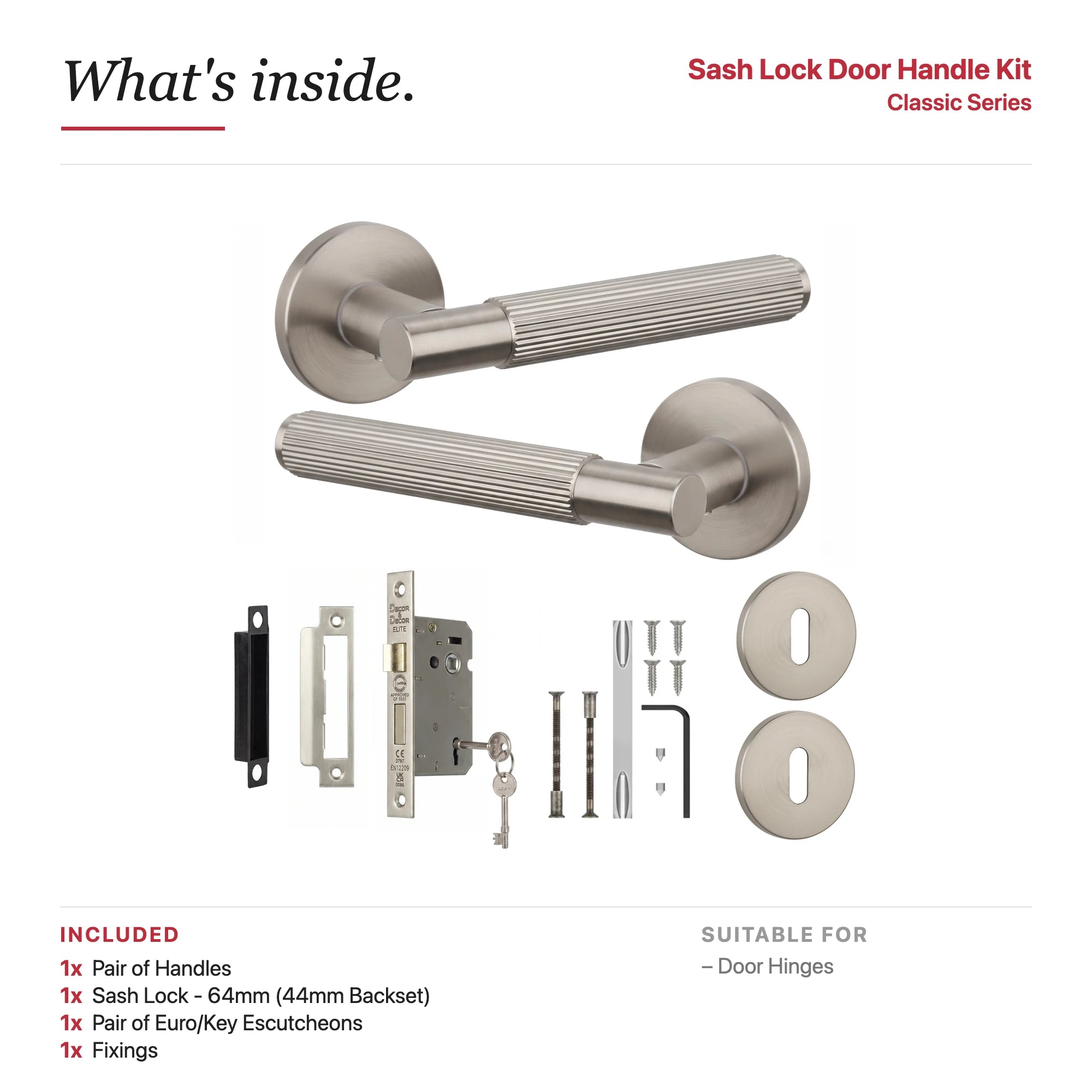 Hera Satin Nickel Privacy Door Handles – showing what's included in the box