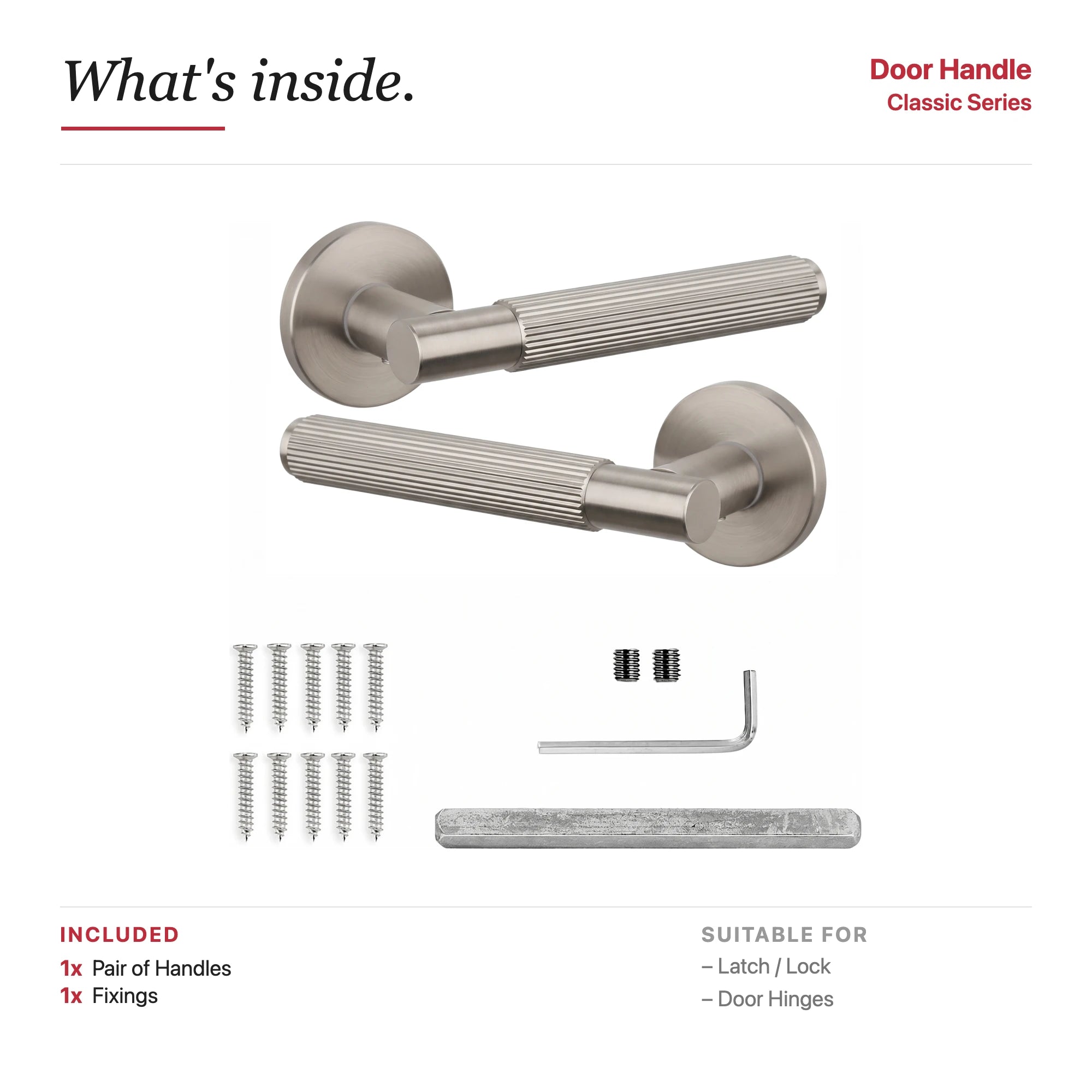 Hera Internal Door Handles - Brushed Satin Nickel – showing what's included in the box