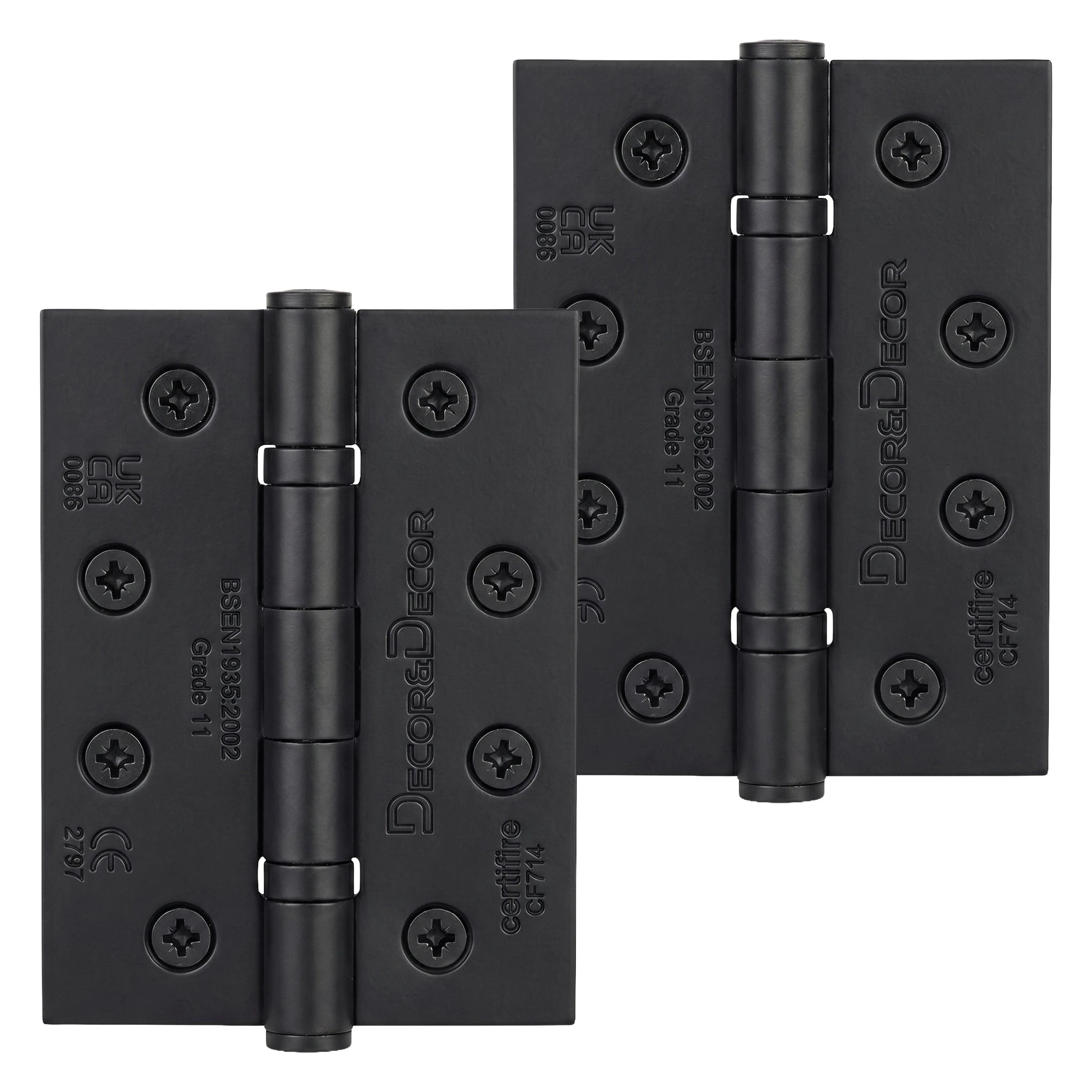 Two black fire rated ball bearing door hinges with 'DecorAndDecor' branding on a white background