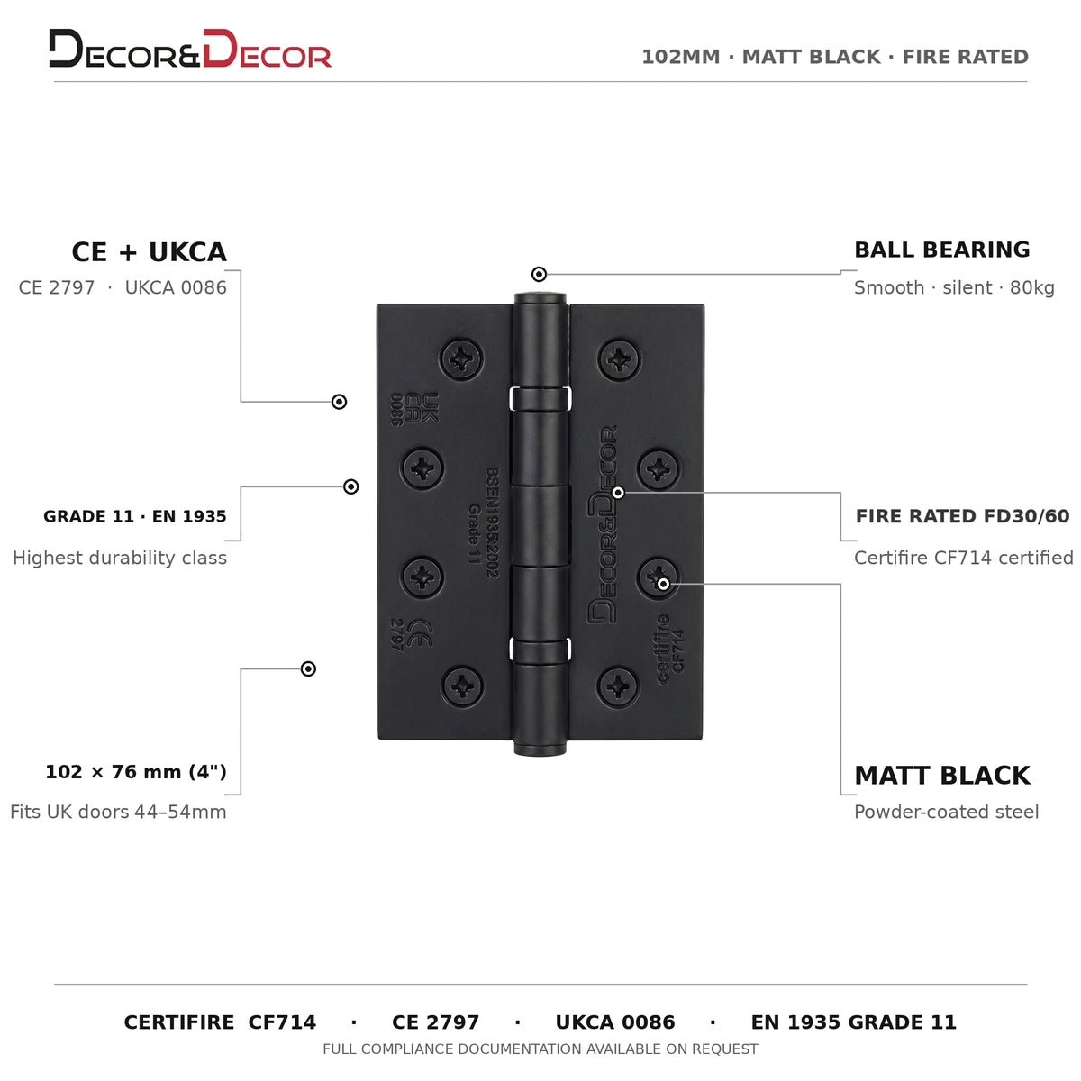 Ball Bearing Fire Rated Door Hinges - 102mm - Pair - Matt Black – product information and specifications