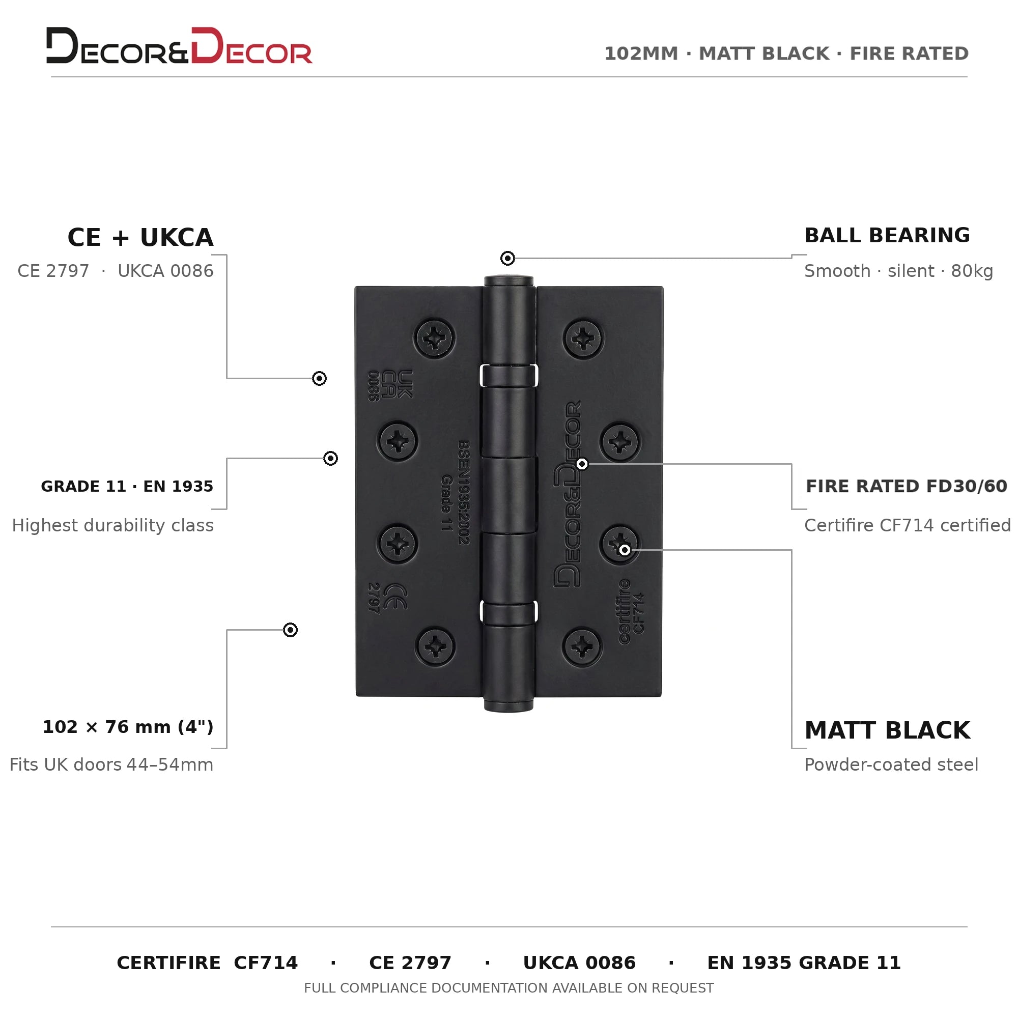Ball Bearing Fire Rated Door Hinges - 102mm - Pair - Matt Black – product information and specifications