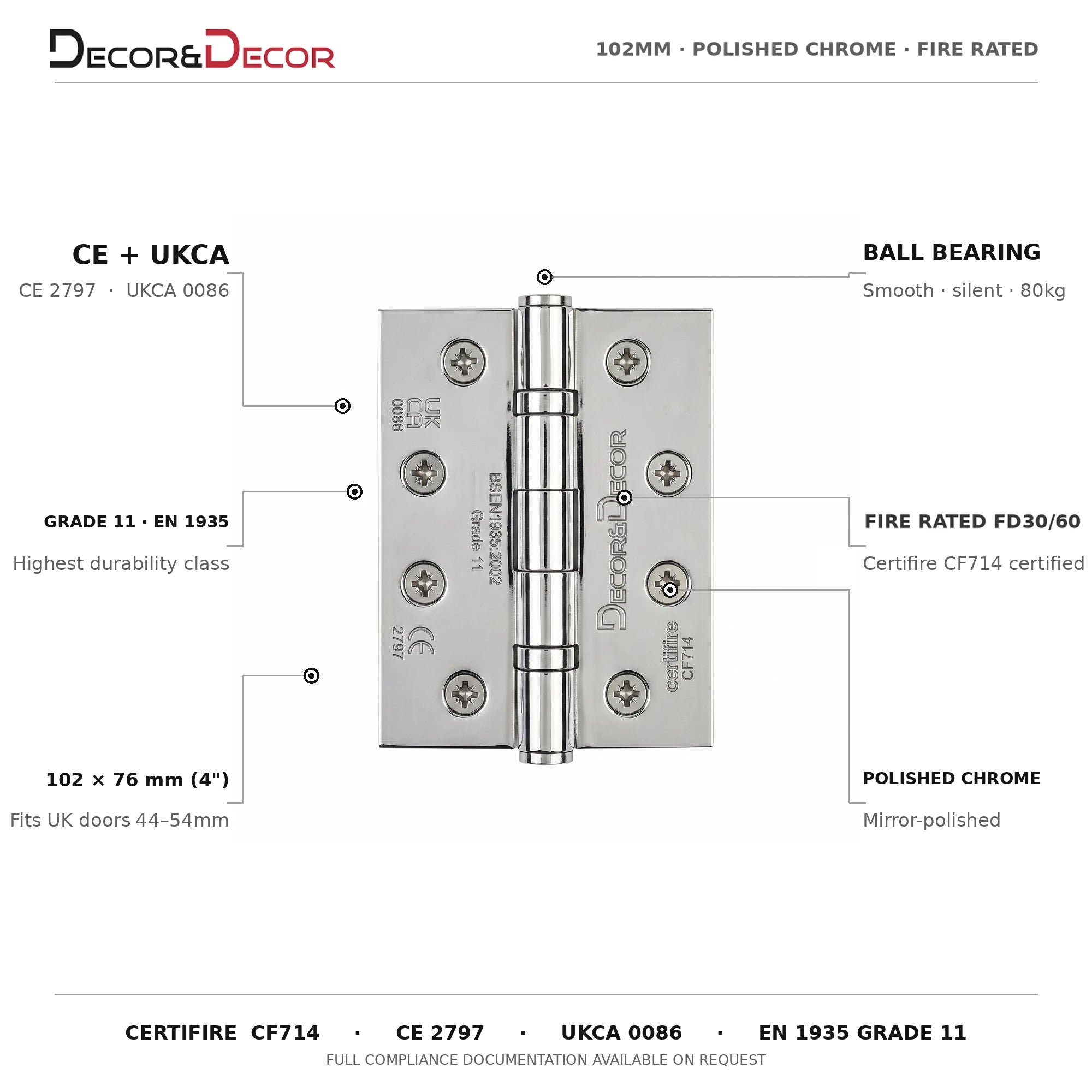Ball Bearing Fire Rated Door Hinges - 102mm - Pair -  Polished Chrome – product information and specifications