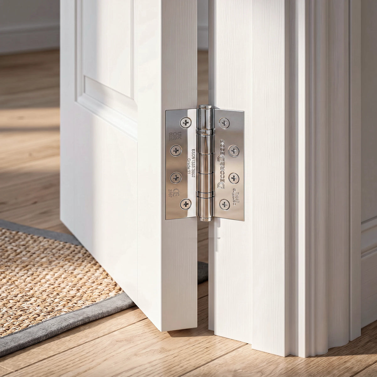 Close-up of a white door with a fire rated door hinge on a wooden floor.