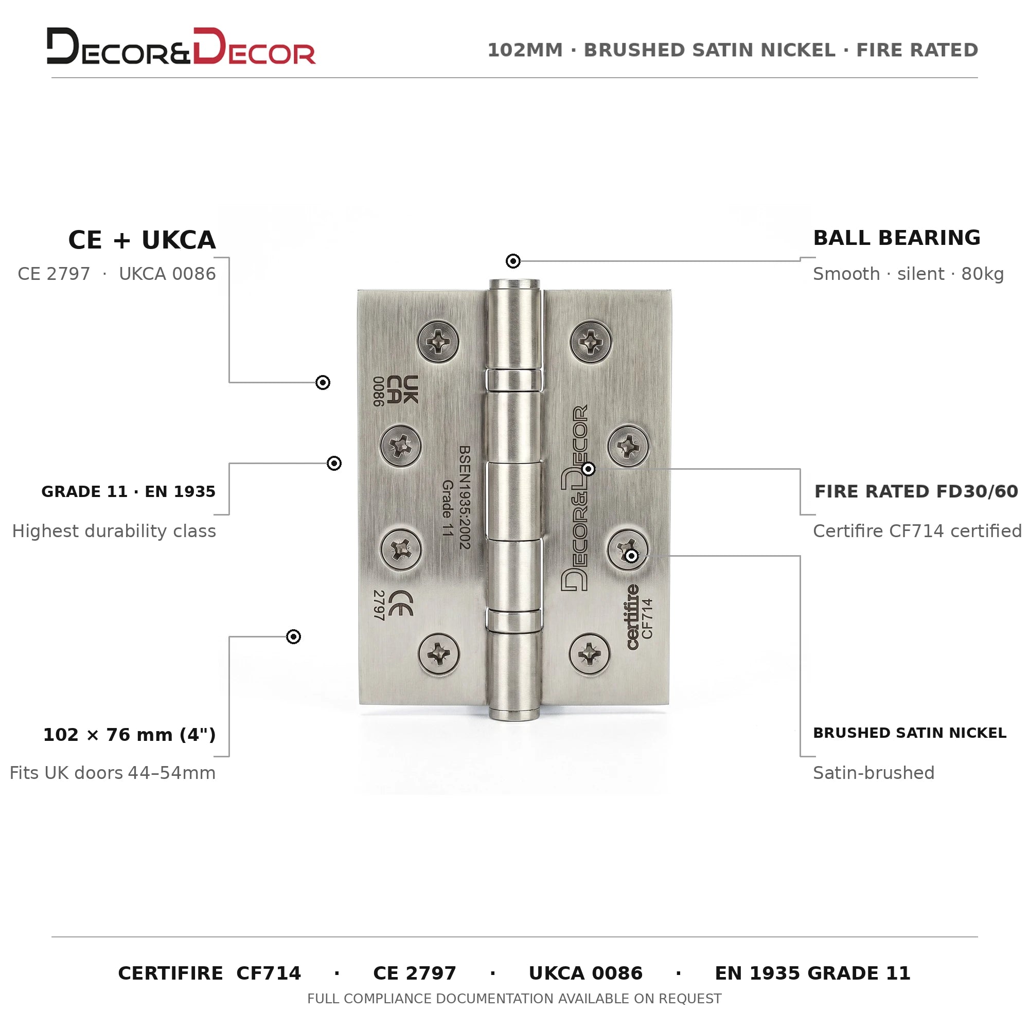 Ball Bearing Fire Rated Door Hinges - 102mm - Pair - Satin Nickel – product information and specifications