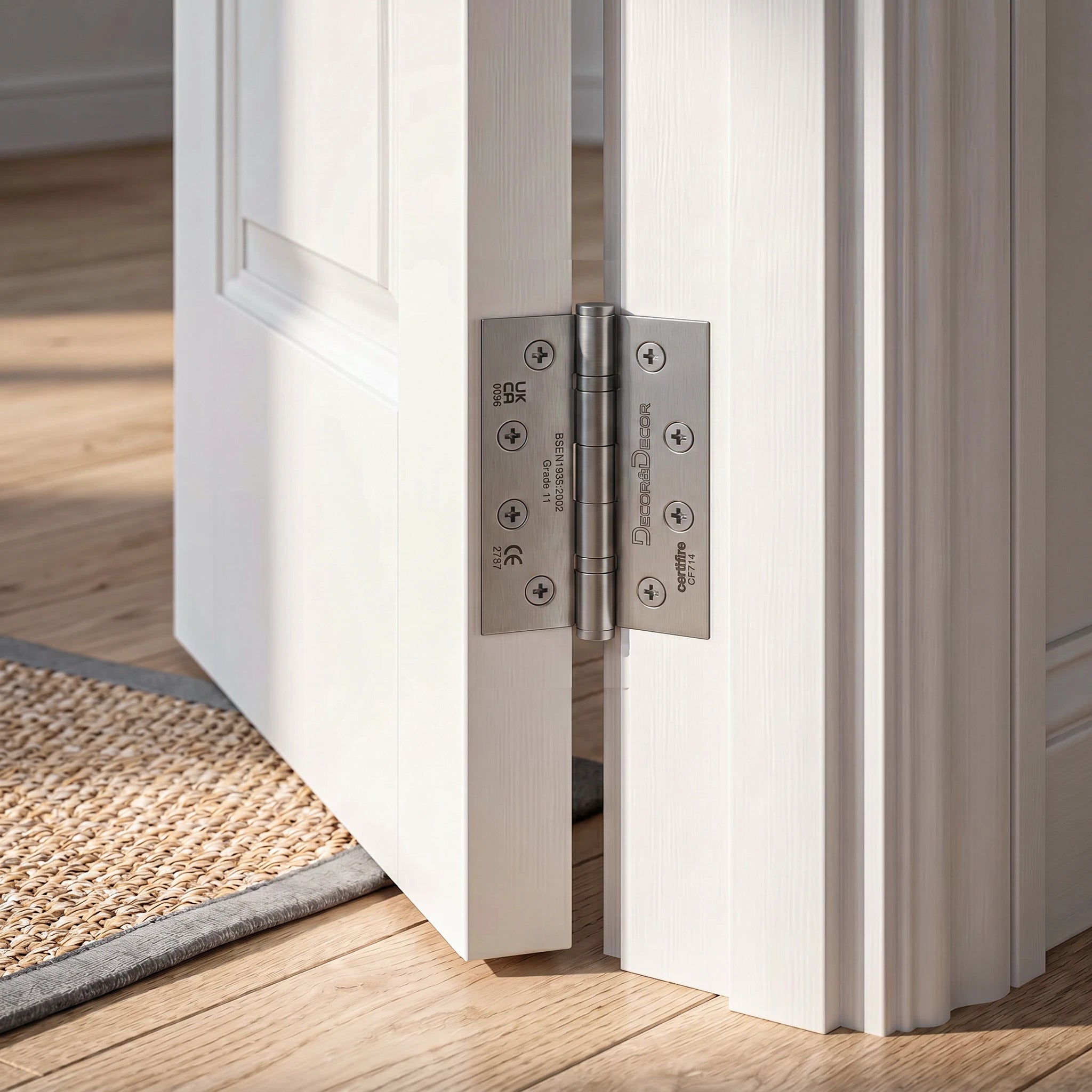 Ball Bearing Fire Rated Door Hinges - 102mm - Pair - Satin Nickel – in a styled room setting