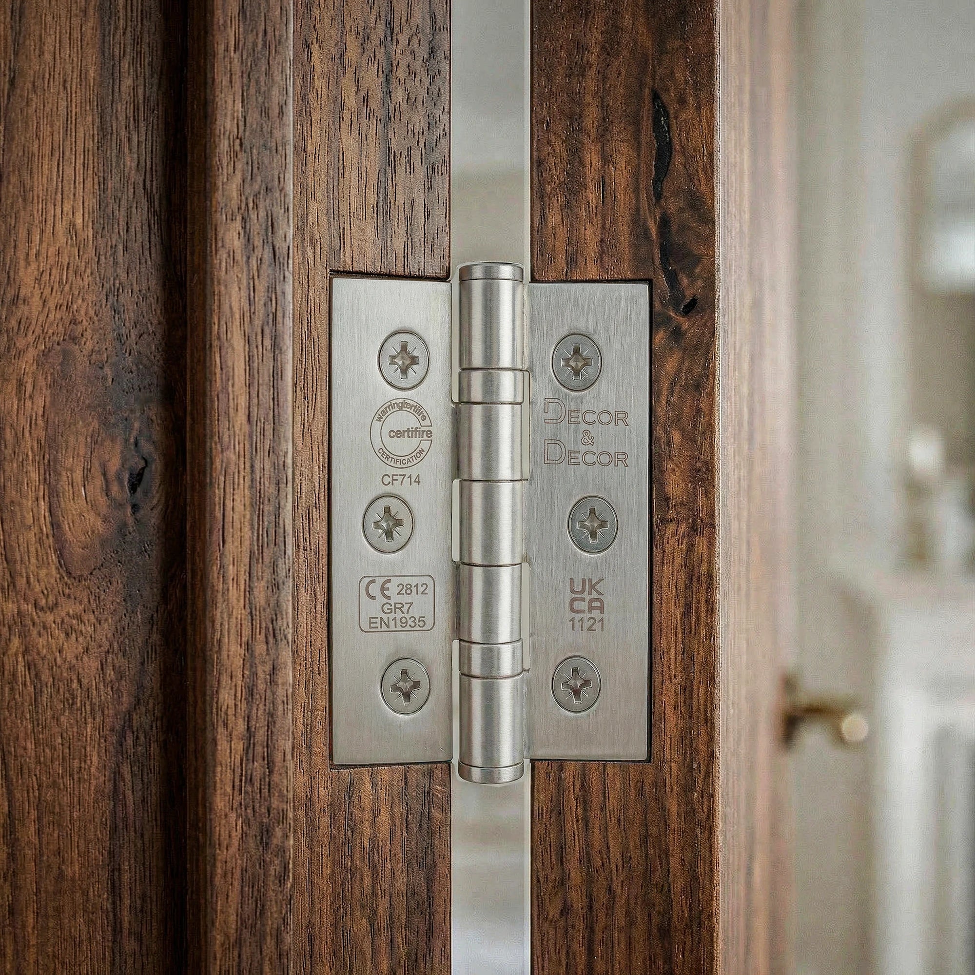 Ball Bearing Fire Rated Door Hinges - 76mm - Pair - Satin Nickel – in a styled room setting