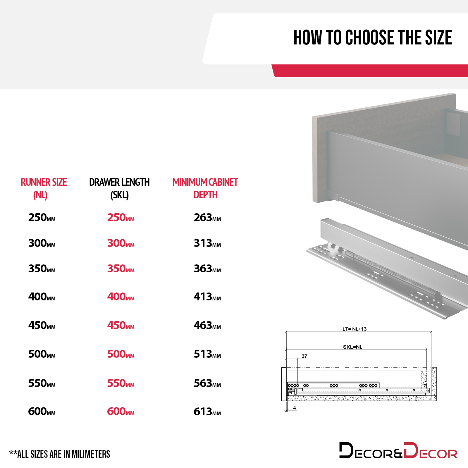 Push to Open and Soft Close Undermount Drawer Runners - Full Extension - 450mm Length