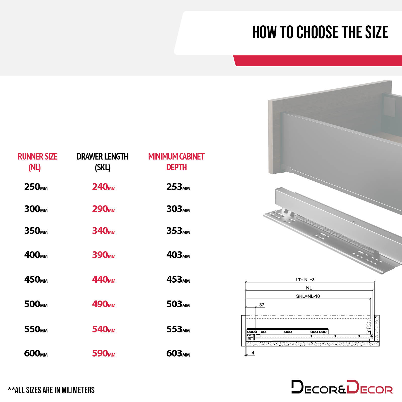 Undermount Drawer Runners 400mm - Soft Close, Full Extension - 390mm Drawer Length