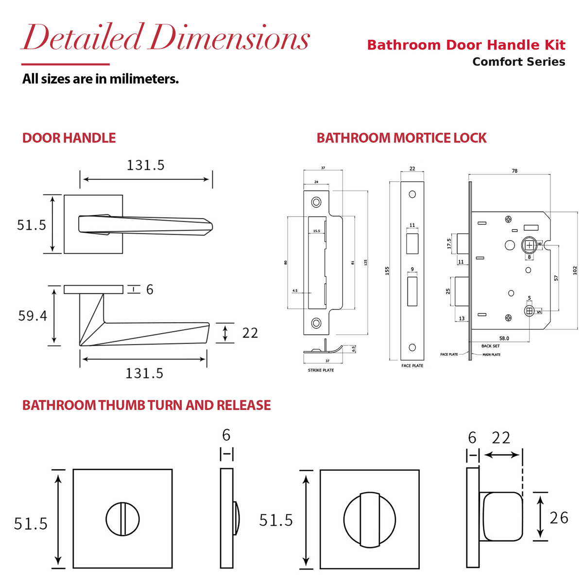 Leda Antique Brass Bathroom Door Lever Handles – dimensions and measurements diagram