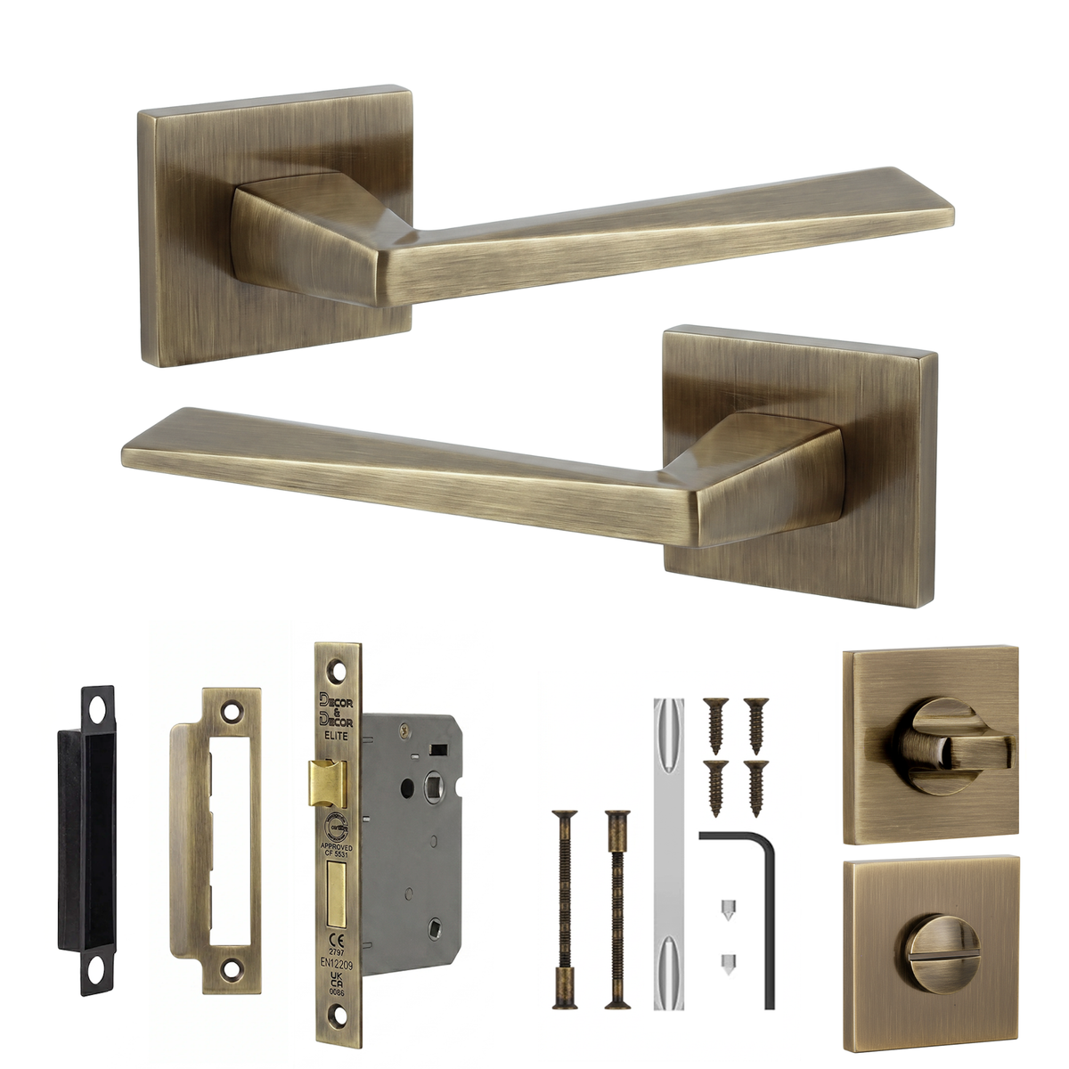 Leda Antique Brass Bathroom Door Lever Handles - Bathroom Kit 76mm