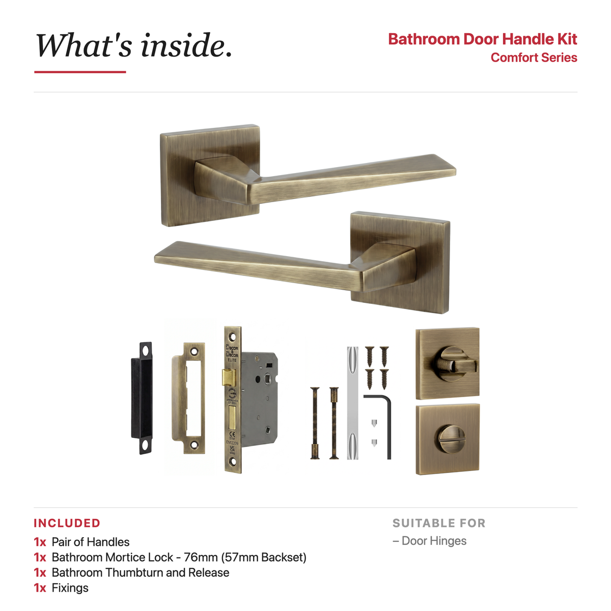 Leda Antique Brass Bathroom Door Lever Handles – showing what's included in the box