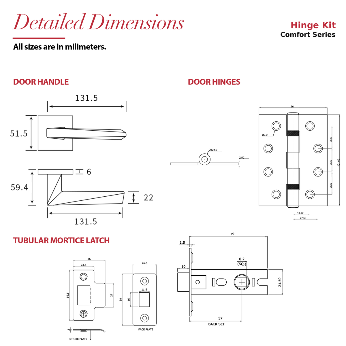 Leda Antique Brass Passage Door Lever Handles – dimensions and measurements diagram