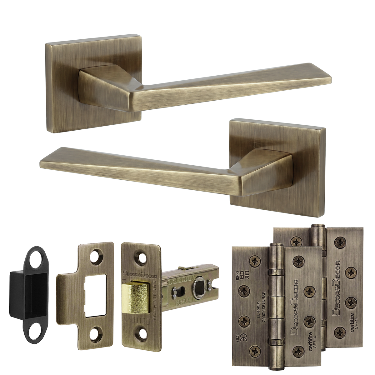 Leda Antique Brass Passage Door Lever Handles - Hinge Kit 102mm