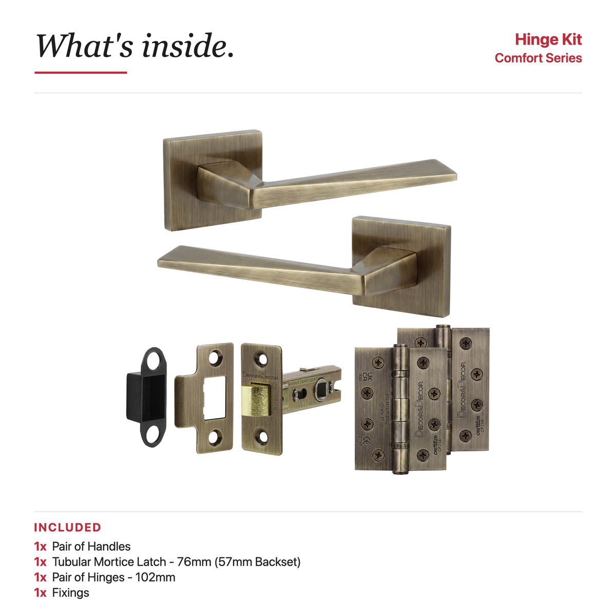 Leda Antique Brass Passage Door Lever Handles – showing what's included in the box