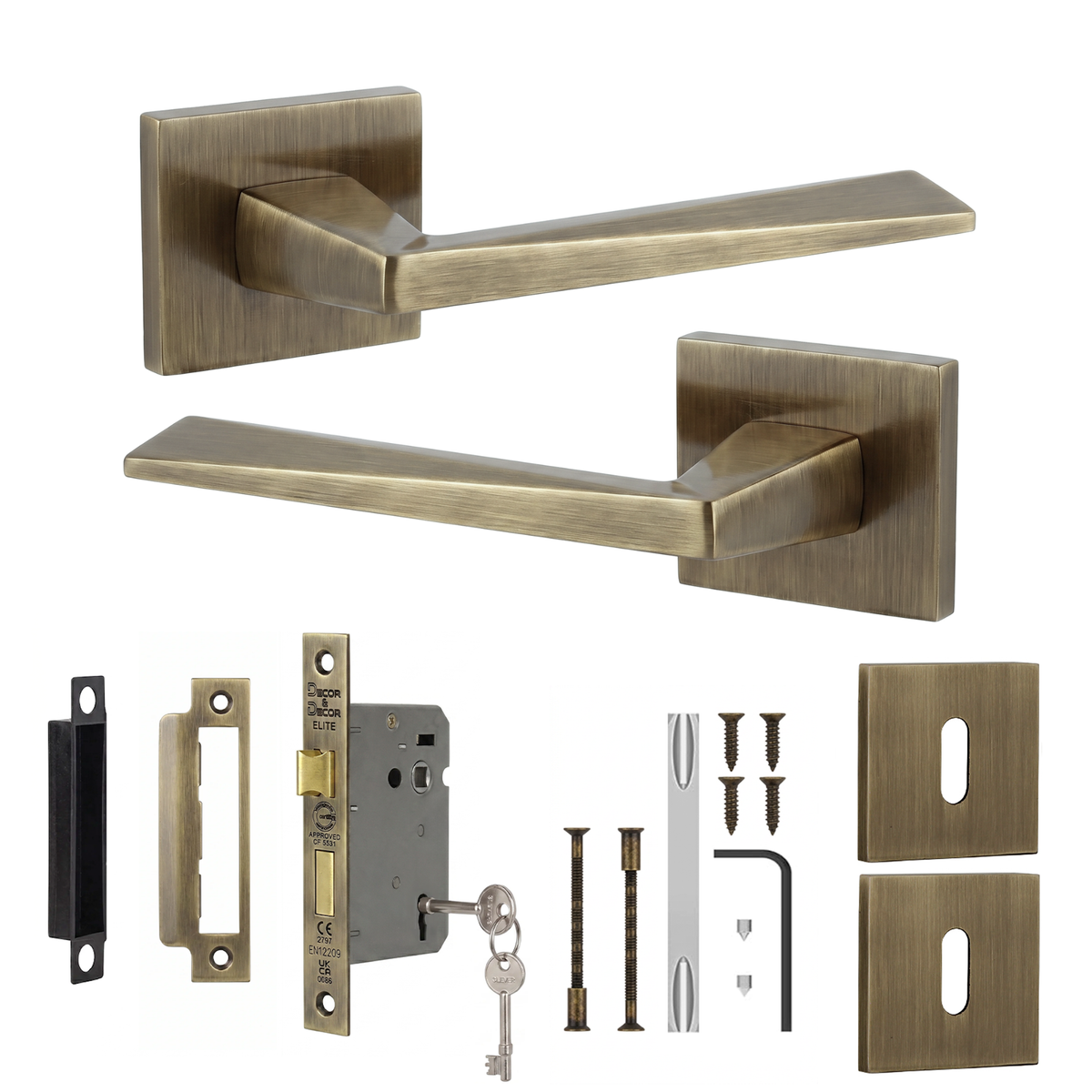 Leda Antique Brass Privacy Door Lever Handles - Sash Lock Kit 76mm