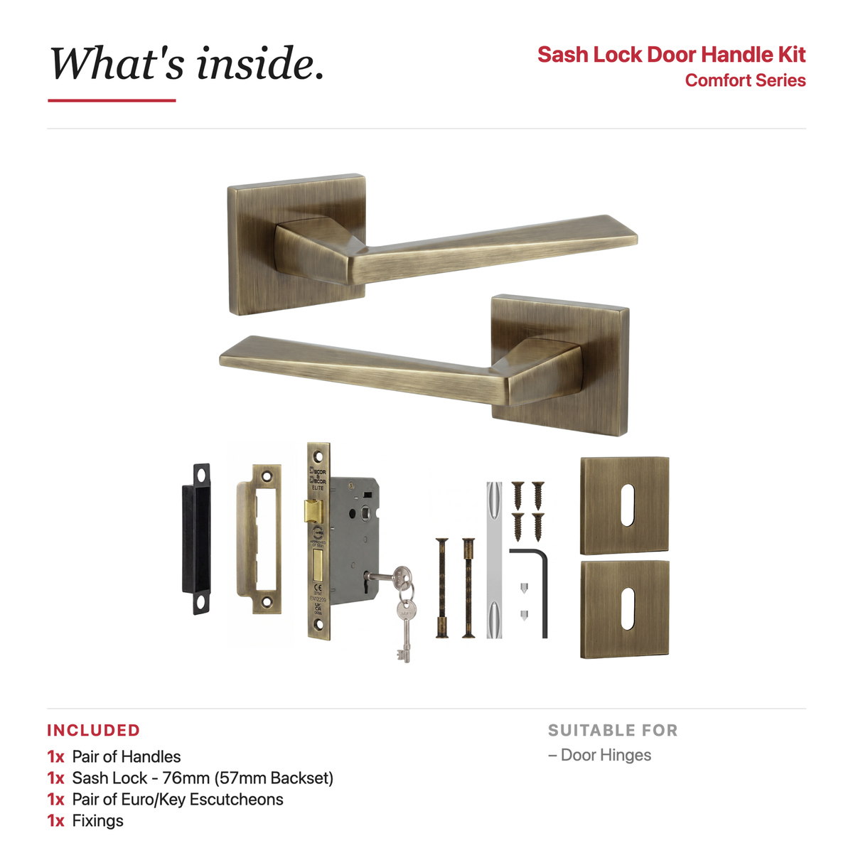 Leda Antique Brass Privacy Door Lever Handles – showing what's included in the box