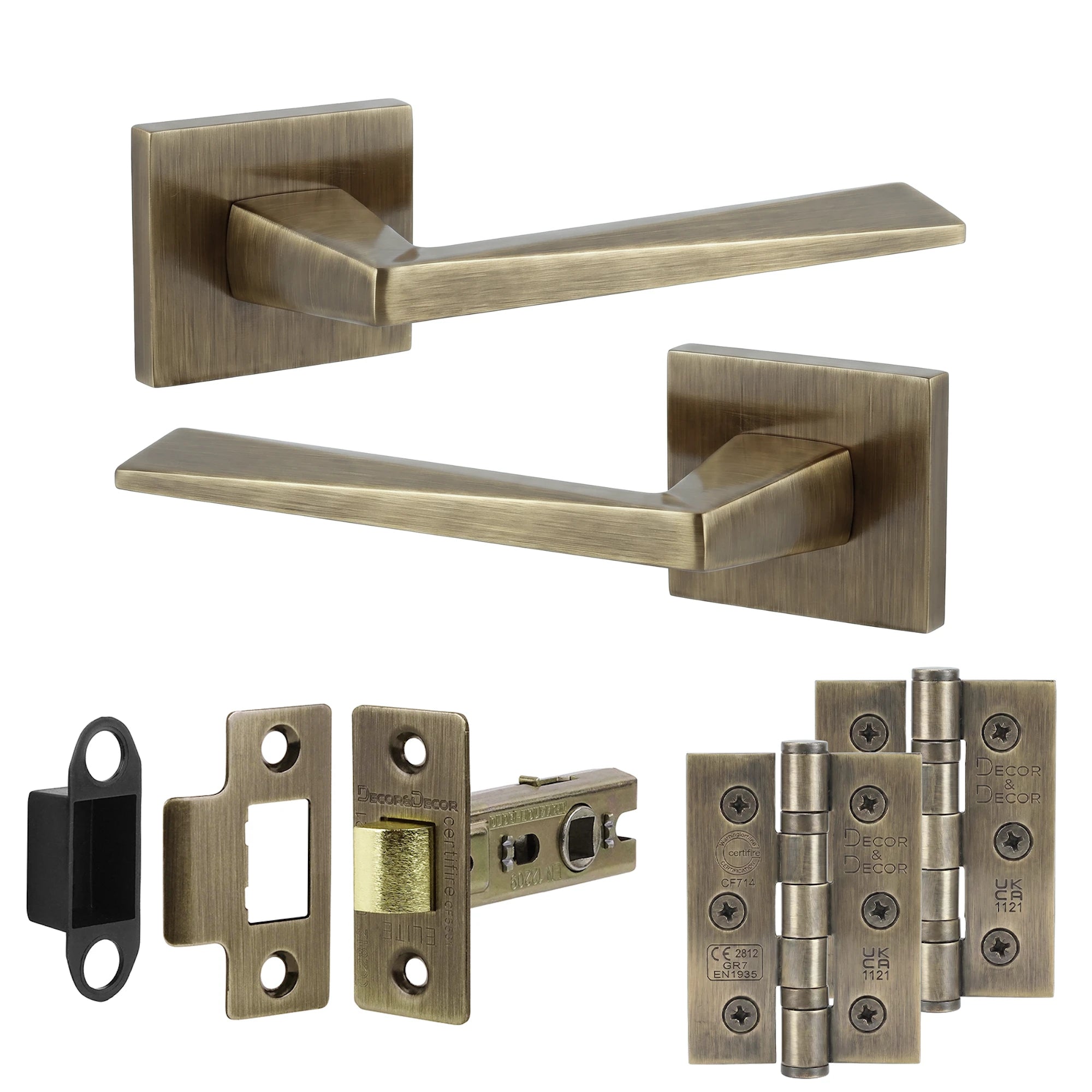 Leda Antique Brass Passage Door Handles - Latch and Hinge Set