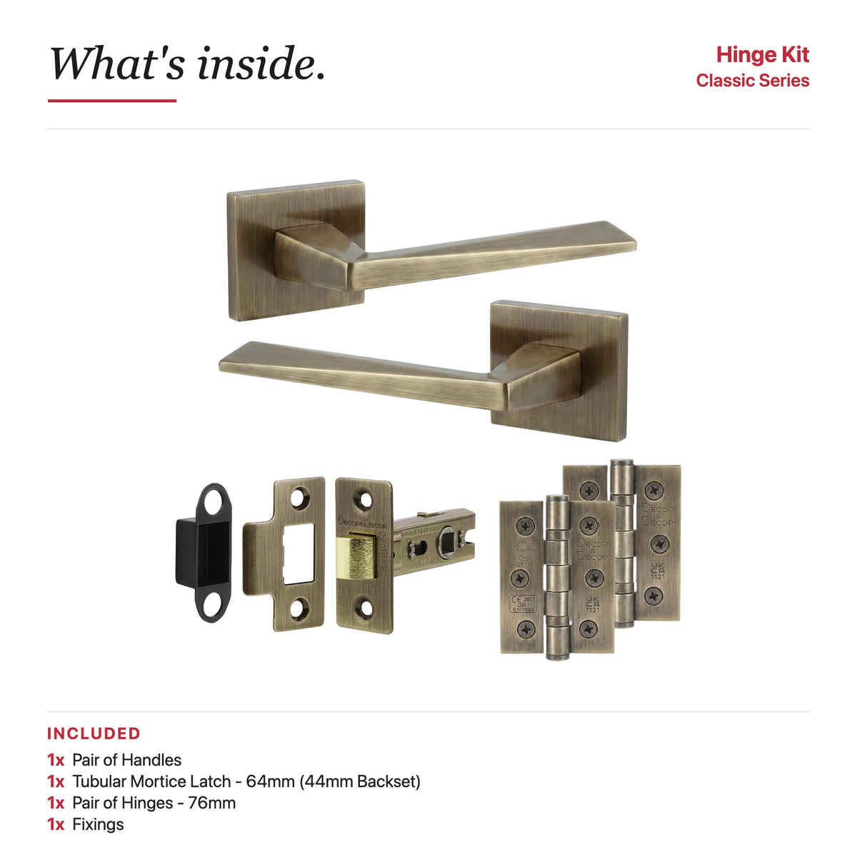 Leda Antique Brass Passage Door Handles – showing what's included in the box