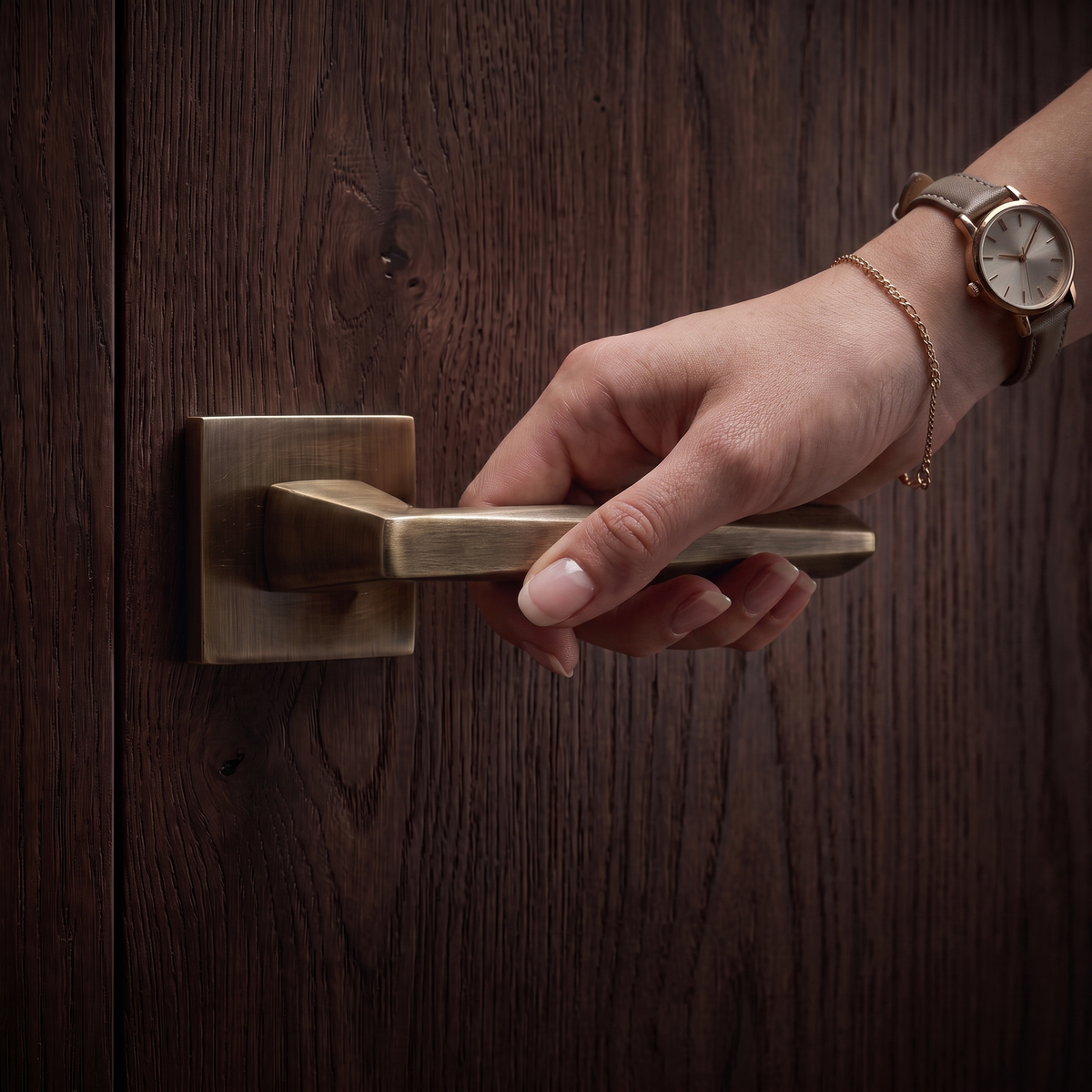 Leda Antique Brass Door Lever Handles – held in hand to show the size and finish