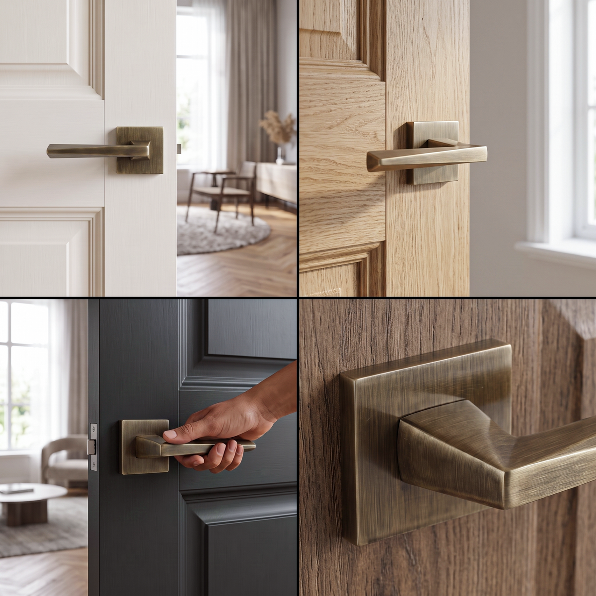 Leda Antique Brass Door Lever Handles – fitted on an interior door in a styled room setting