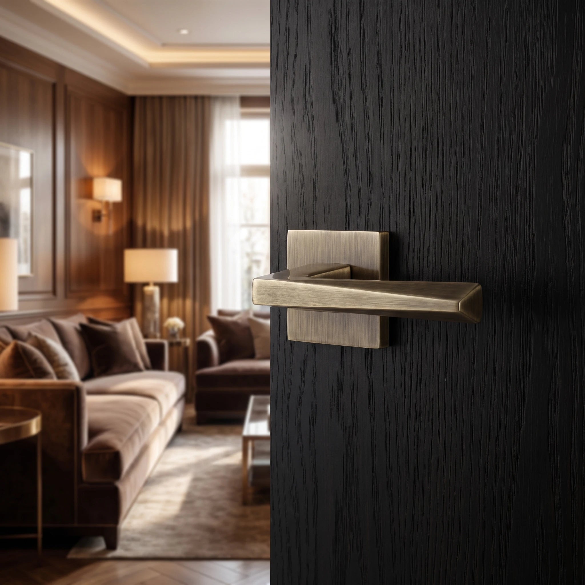 Leda Antique Brass Passage Door Handles – fitted on an interior door in a styled room setting 2