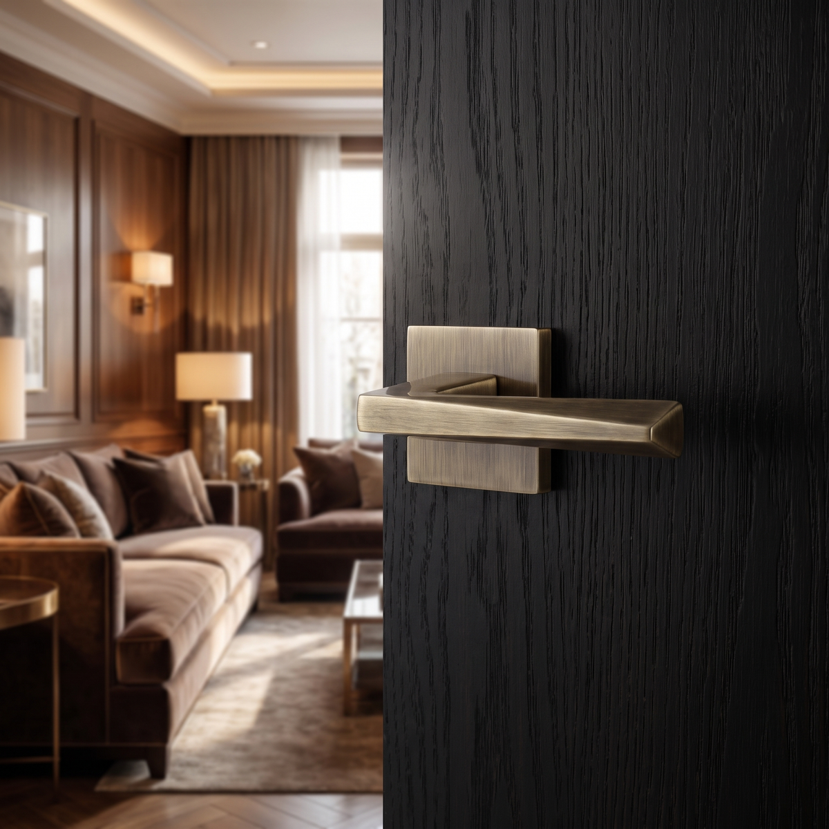 Leda Antique Brass Passage Door Lever Handles – fitted on an interior door in a styled room setting 2