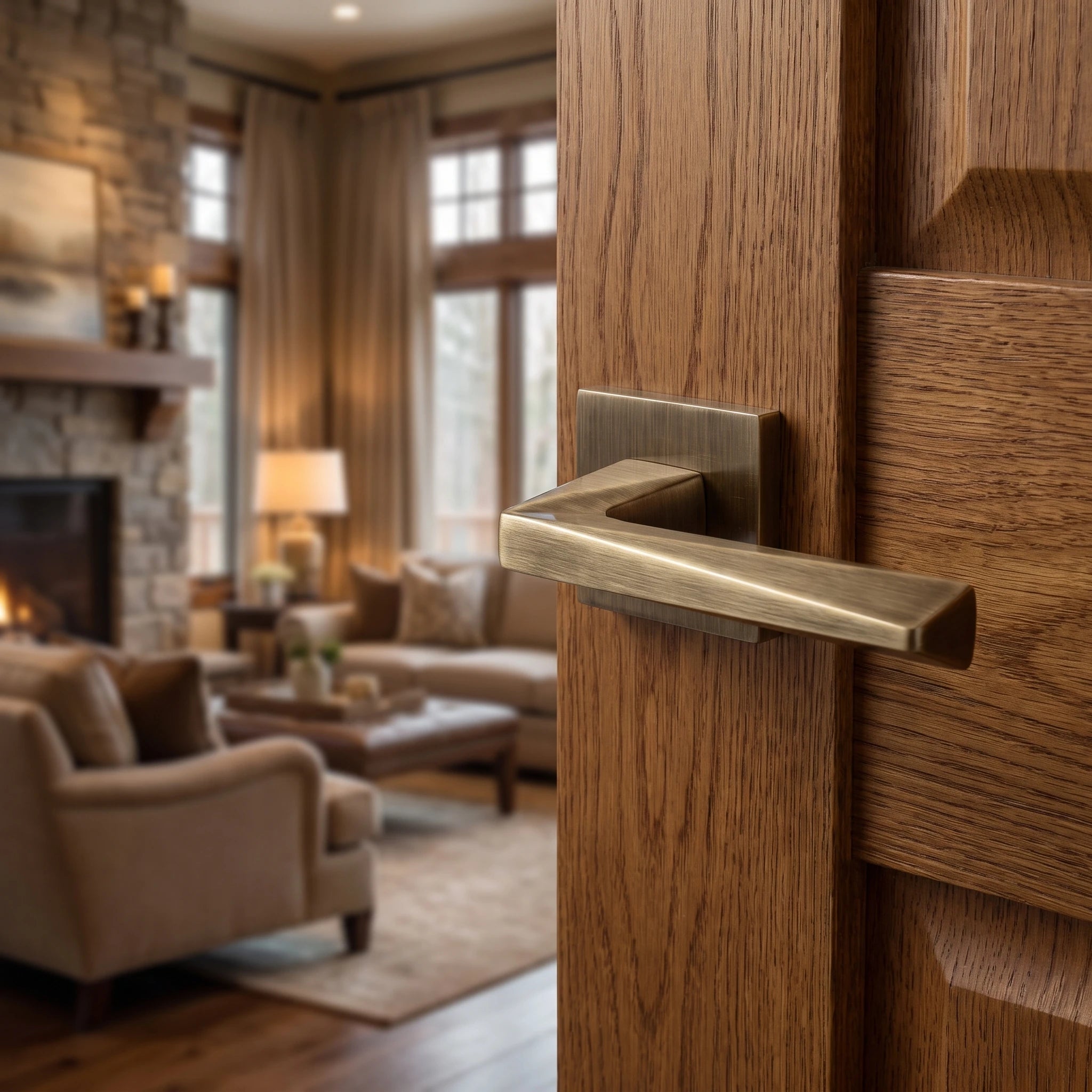 Leda Antique Brass Privacy Door Handles – fitted on an interior door in a styled room setting 4