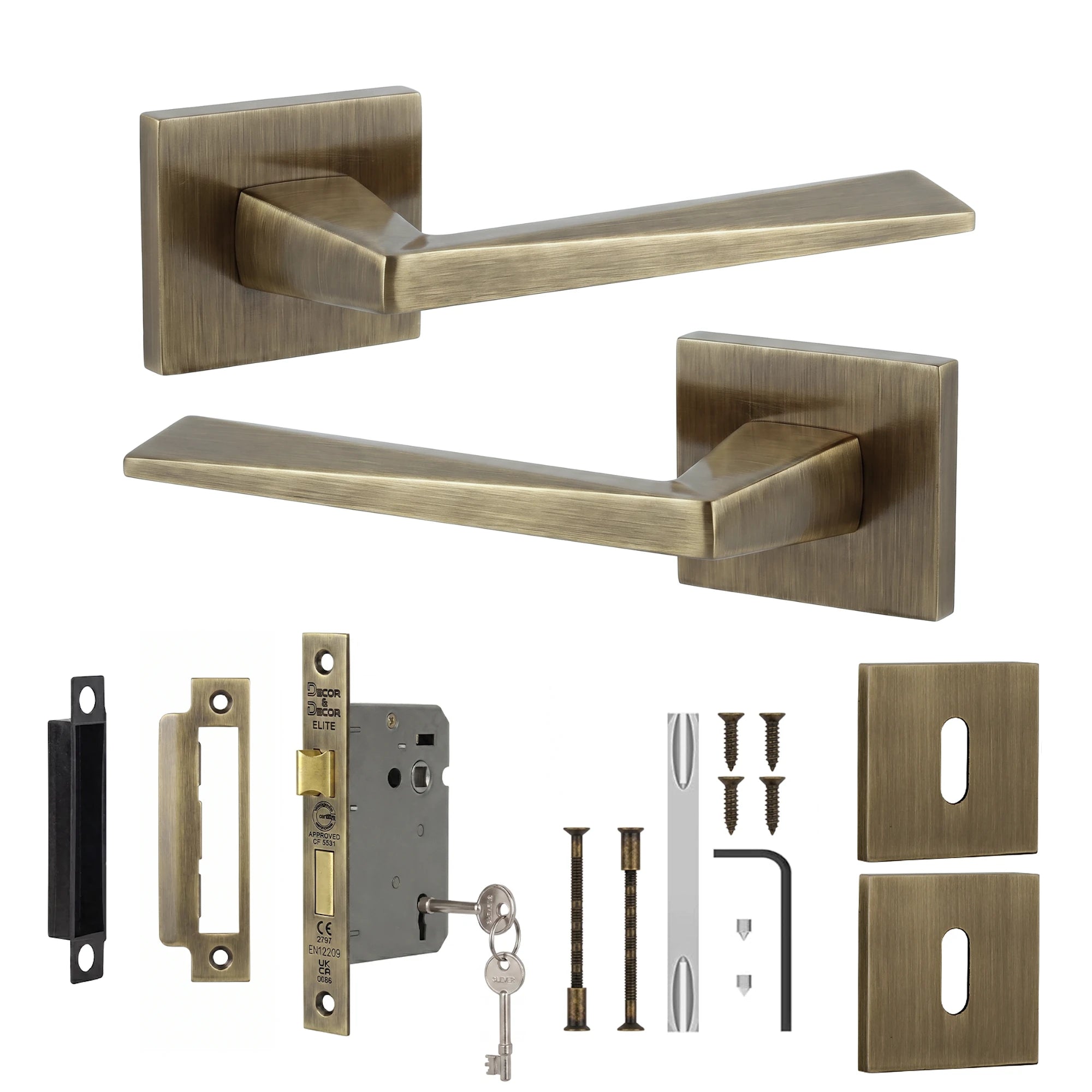 Leda Antique Brass Privacy Door Handles - Sash Lock Kit Set