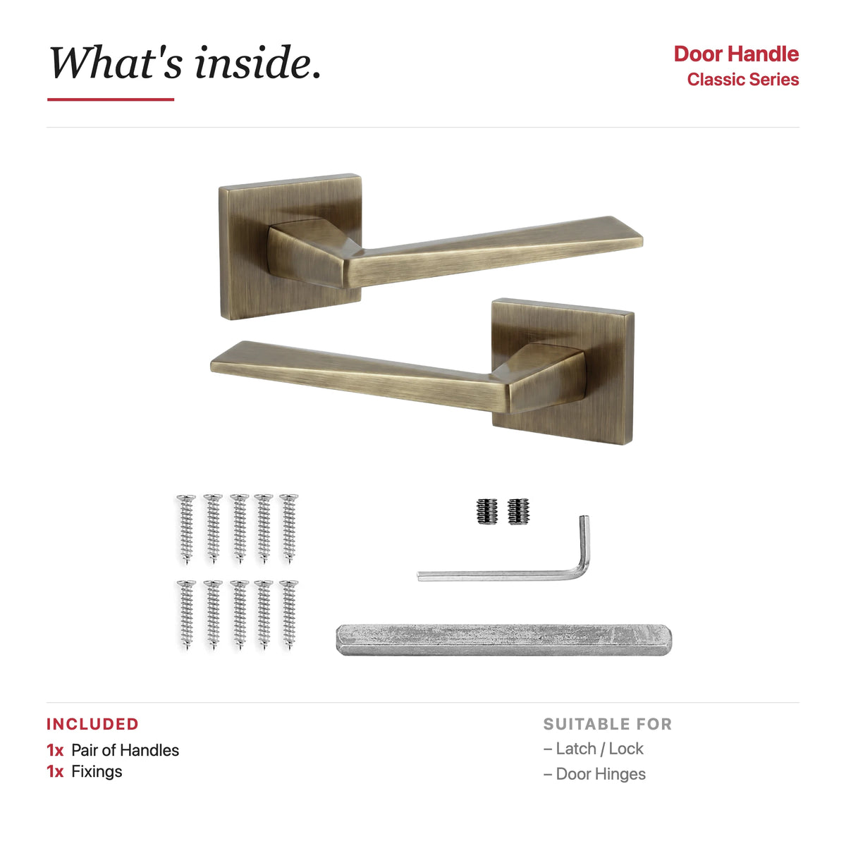 Leda Internal Door Handles - Antique Brass – showing what's included in the box