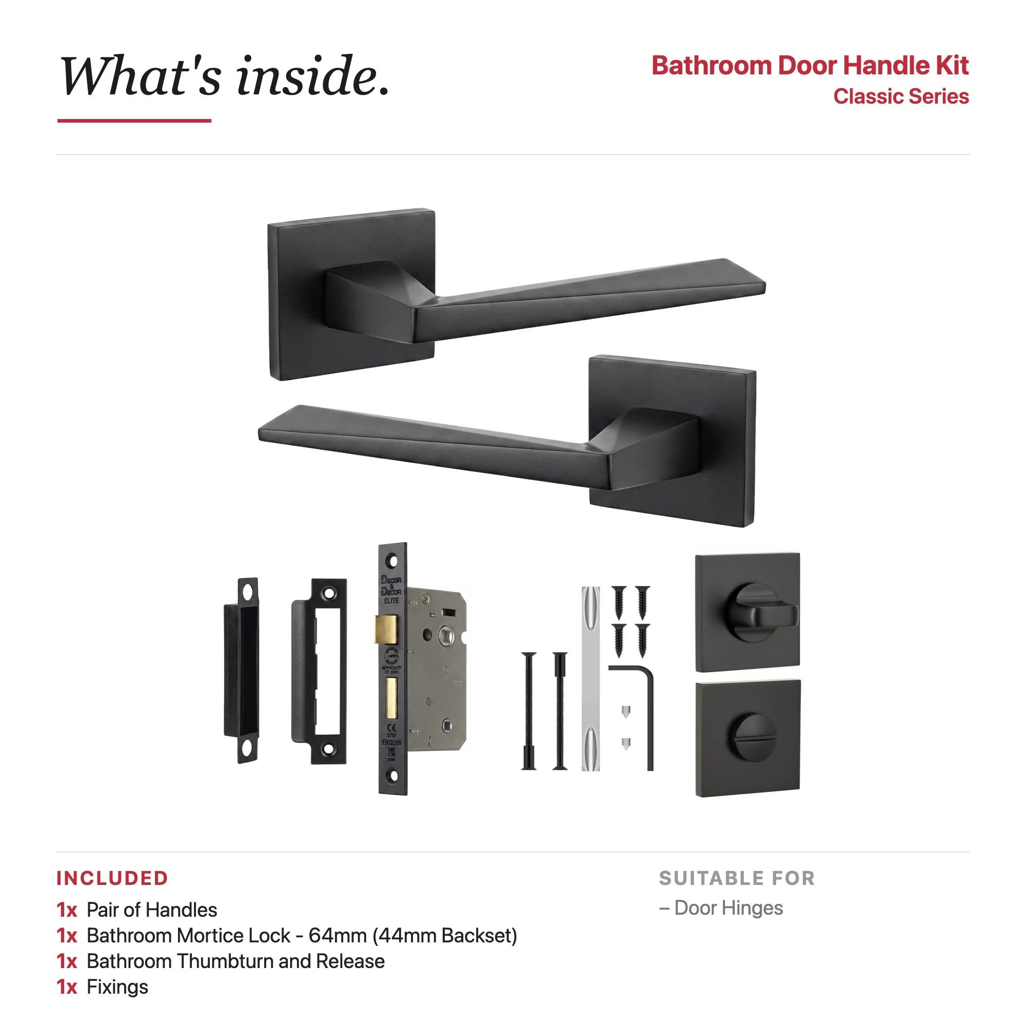 Leda Matt Black Bathroom Door Handles – showing what's included in the box