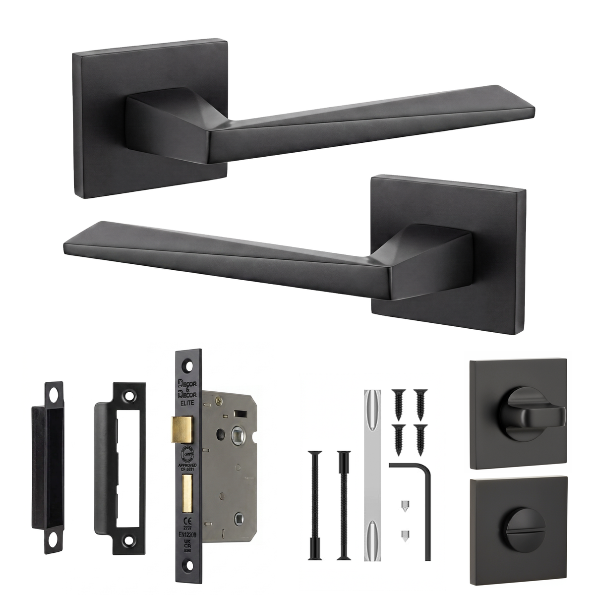Leda Matt Black Bathroom Door Lever Handles - Bathroom Kit 76mm