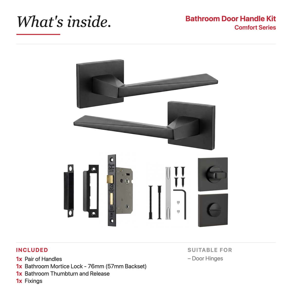 Leda Matt Black Bathroom Door Lever Handles – showing what's included in the box