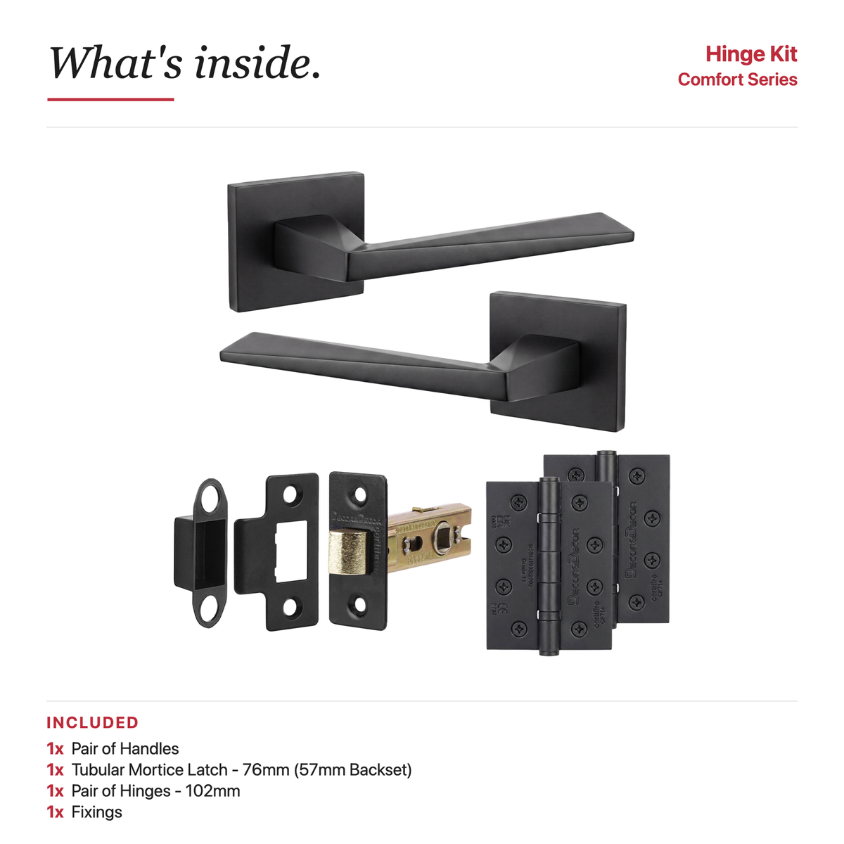 Leda Matt Black Passage Door Lever Handles – showing what's included in the box