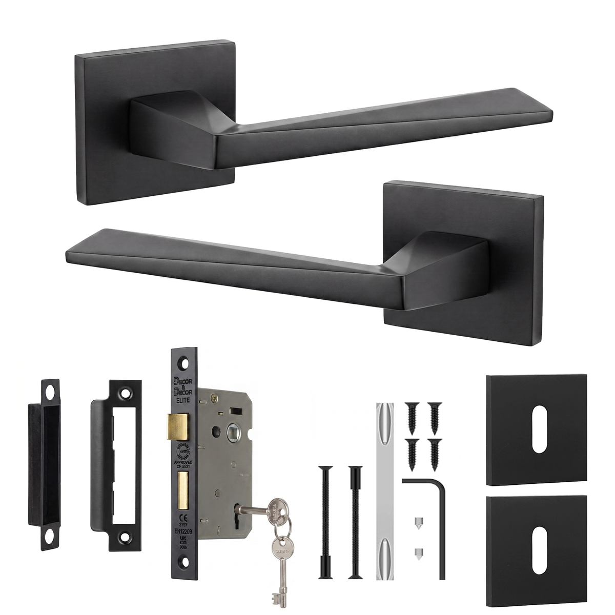 Leda Matt Black Privacy Door Lever Handles - Sash Lock Kit 76mm