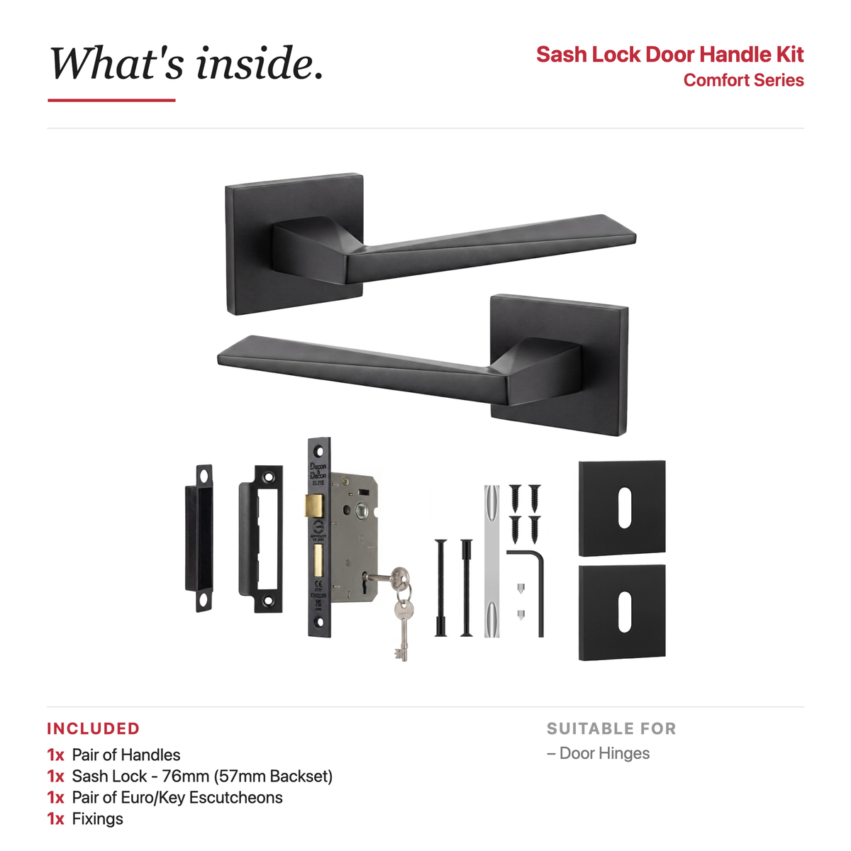 Leda Matt Black Privacy Door Lever Handles – showing what's included in the box