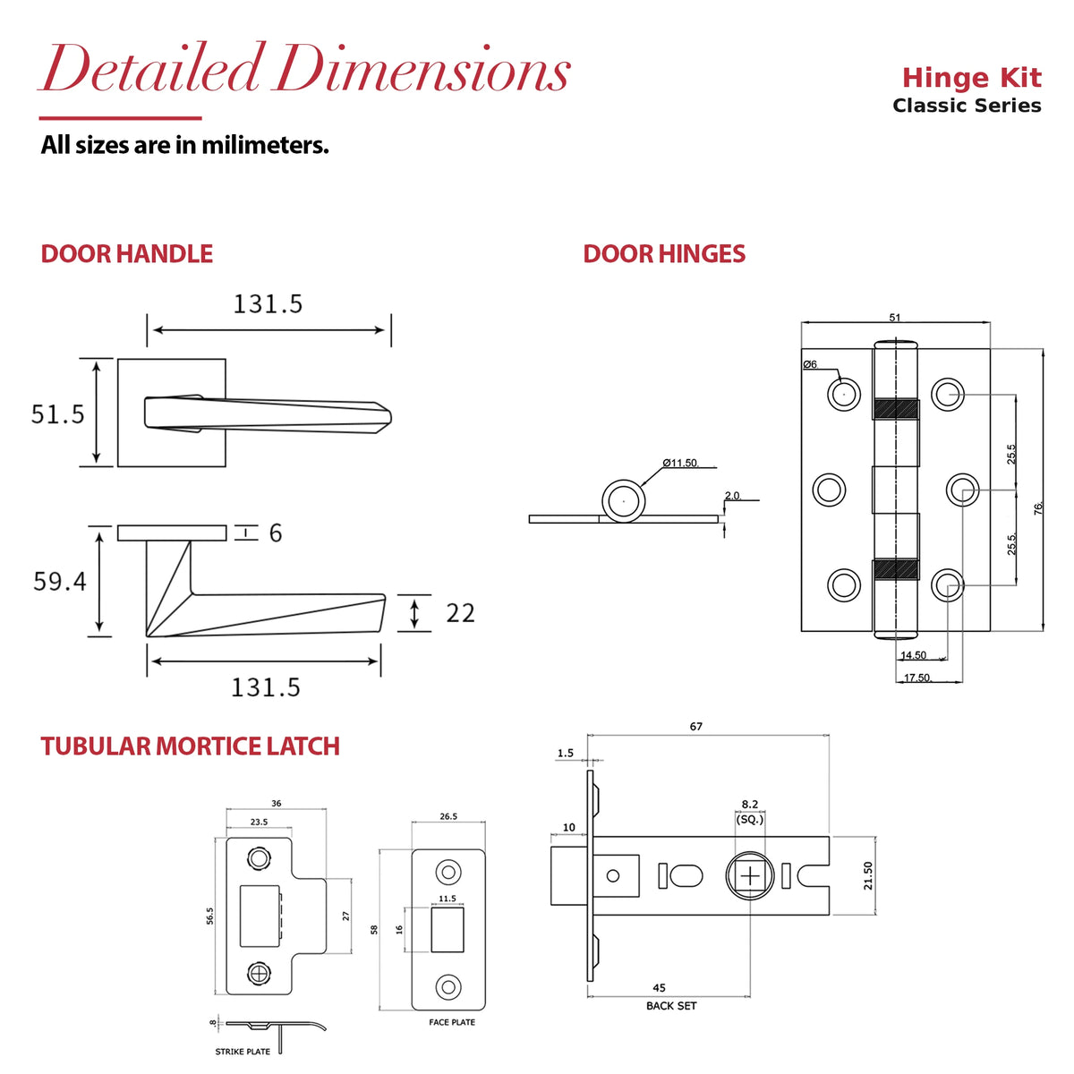 Leda Matt Black Passage Door Handles – dimensions and measurements diagram