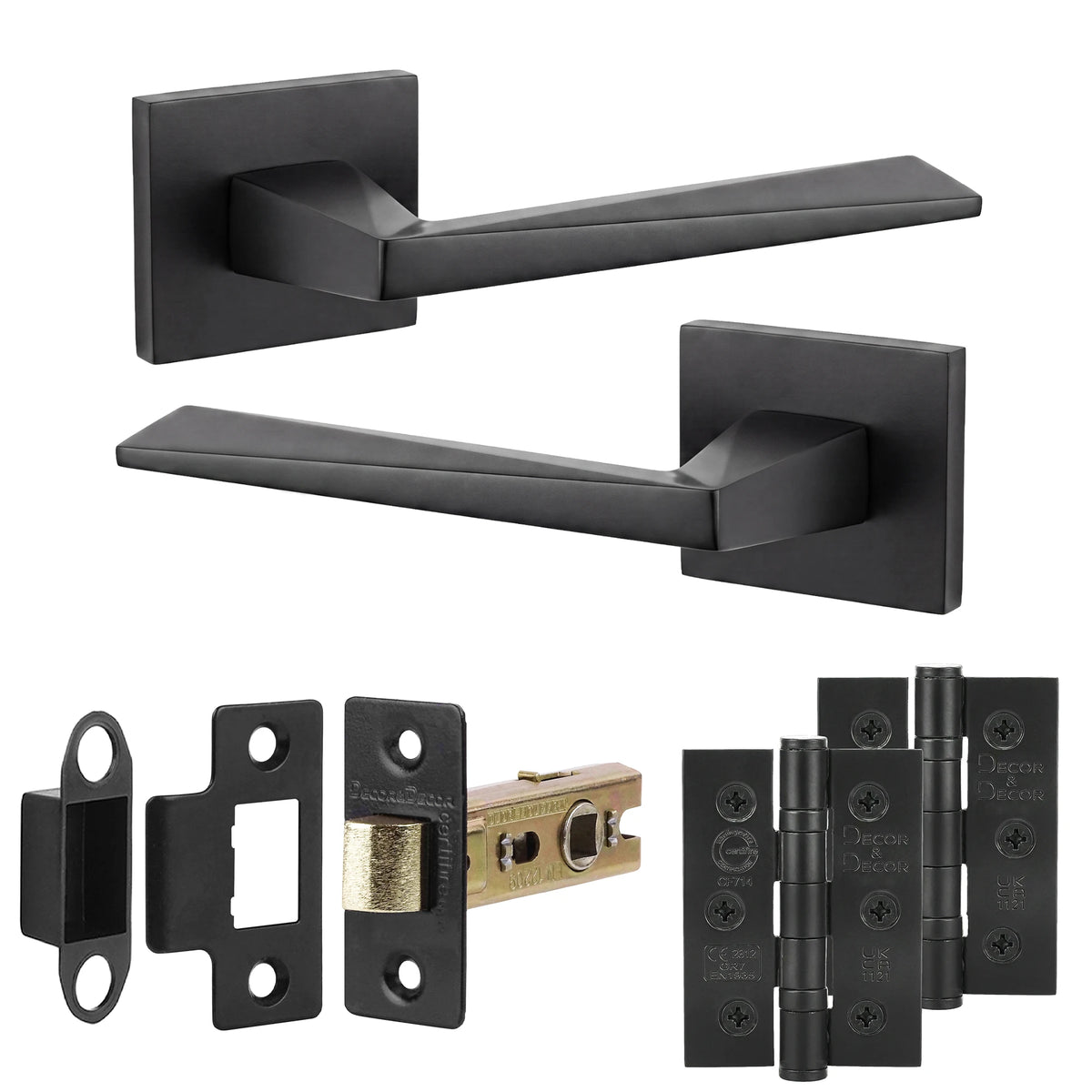 Leda Matt Black Passage Door Handles - Latch and Hinge Set