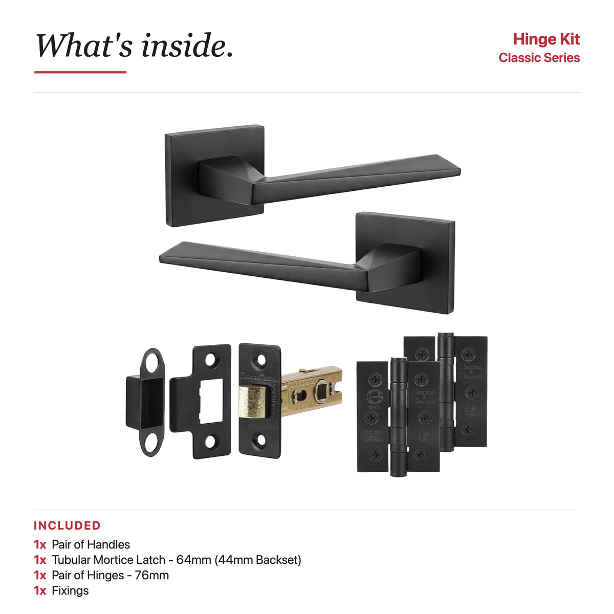 Leda Matt Black Passage Door Handles – showing what's included in the box