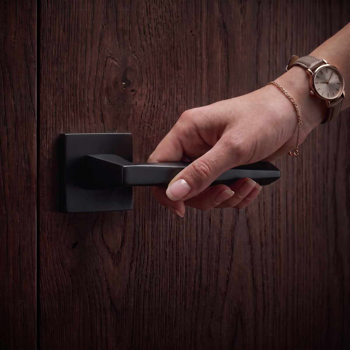 Leda Matt Black Door Lever Handles – held in hand to show the size and finish