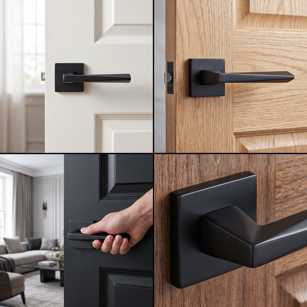 Leda Matt Black Door Lever Handles – fitted on an interior door in a styled room setting