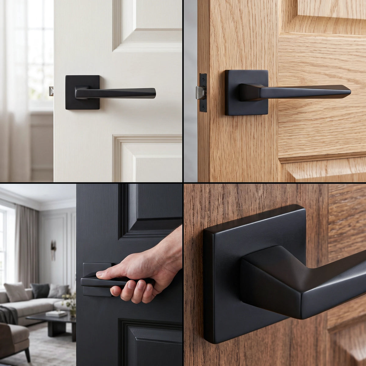 Leda Matt Black Passage Door Handles – fitted on an interior door in a styled room setting