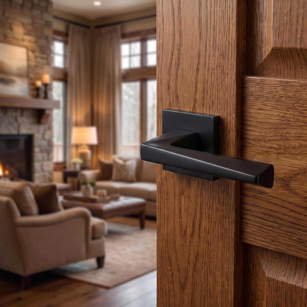 Leda Matt Black Door Lever Handles – fitted on an interior door in a styled room setting 2