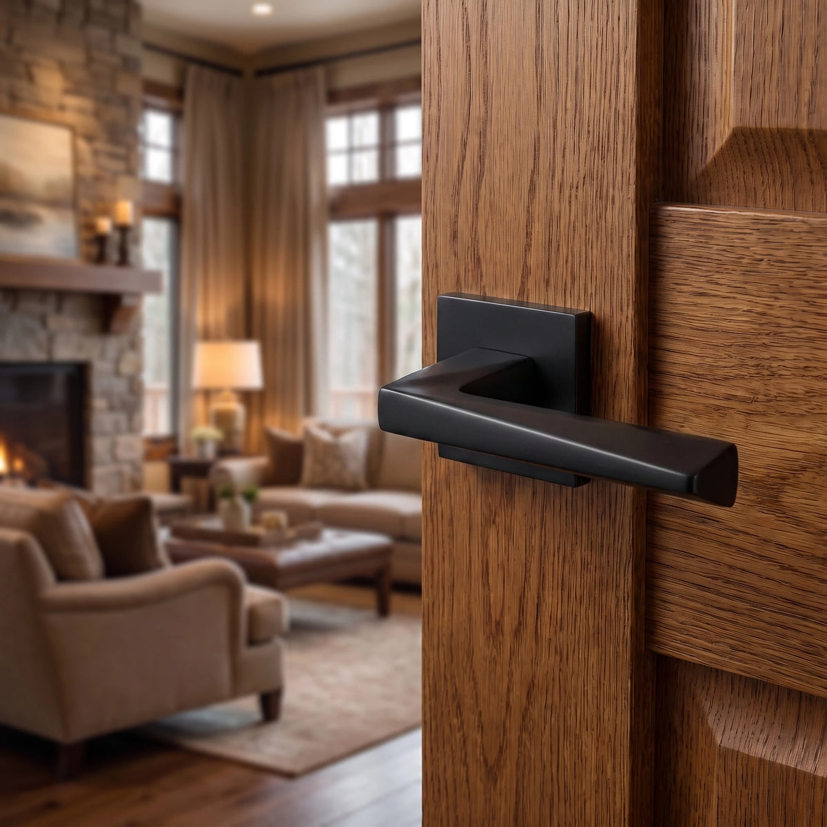 Leda Matt Black Passage Door Handles – fitted on an interior door in a styled room setting 2